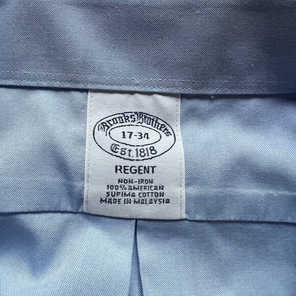 Brooks Brothers Size 17 34 Blue Regent Non Iron Supima Cotton Button Up Shirt - Picture 2 of 12